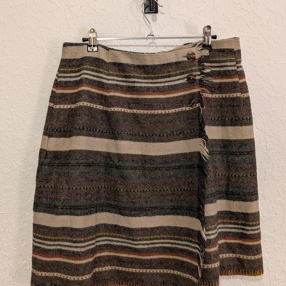 Womens Greg Adams Brown Striped Wool Skirt 34 Excellent Fringe Side Button Wrap